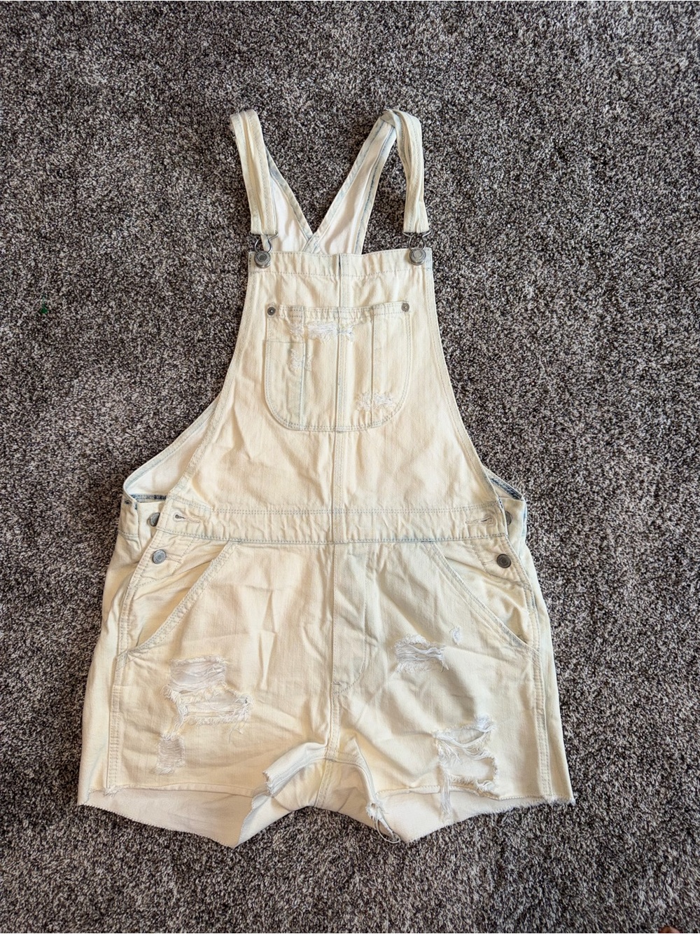 American Eagle Cream Distressed Denim Short Overalls - Women's